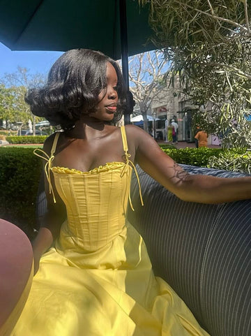 Yellow A Line Spaghetti Strap Corset Satin Long Prom Dress Evening Dress HZ1023